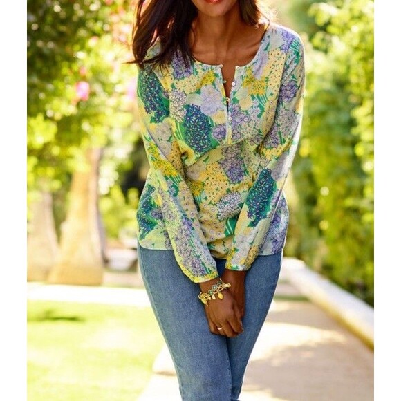 Talbots Tops - Talbots Plus Blouse Band Collar Popover Cluster Garden Floral Lightweight Top 3X